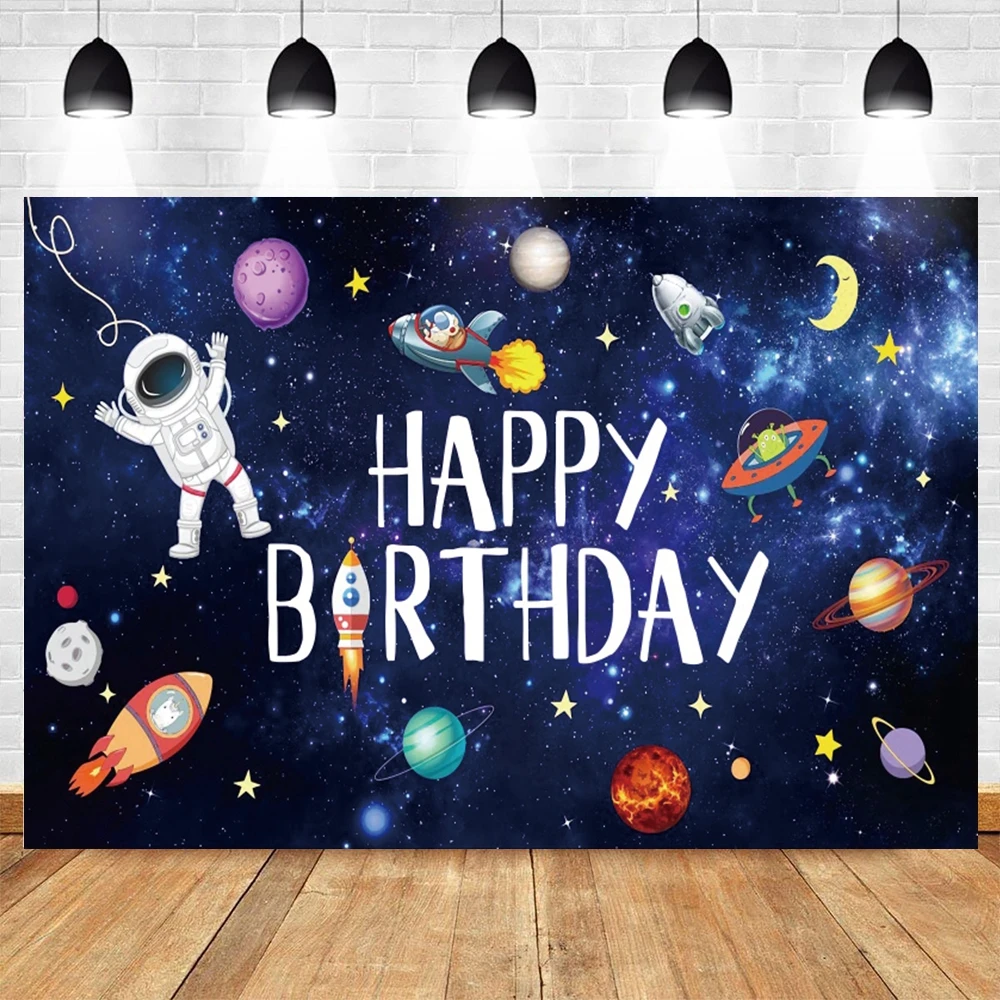 Photo Backdrop Outer Space Happy Birthday Backdrop Universe Planet Galaxy Spacecraft Astronaut Blast Off Rocket Baby Shower Photo Background