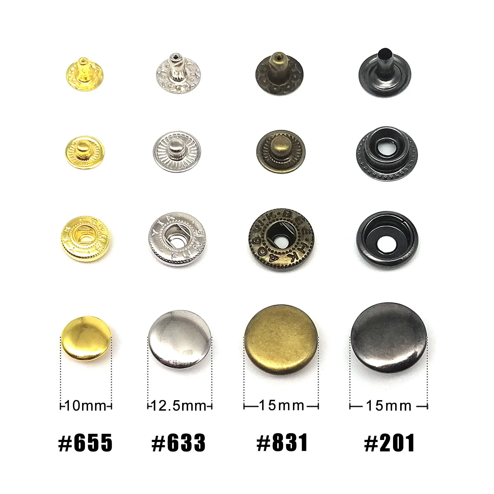 50sets Multi-Size Silver Color Metal Snap Fasteners Press Studs Snaps  Button 10mm #655, 12.5mm #633, 15mm #831