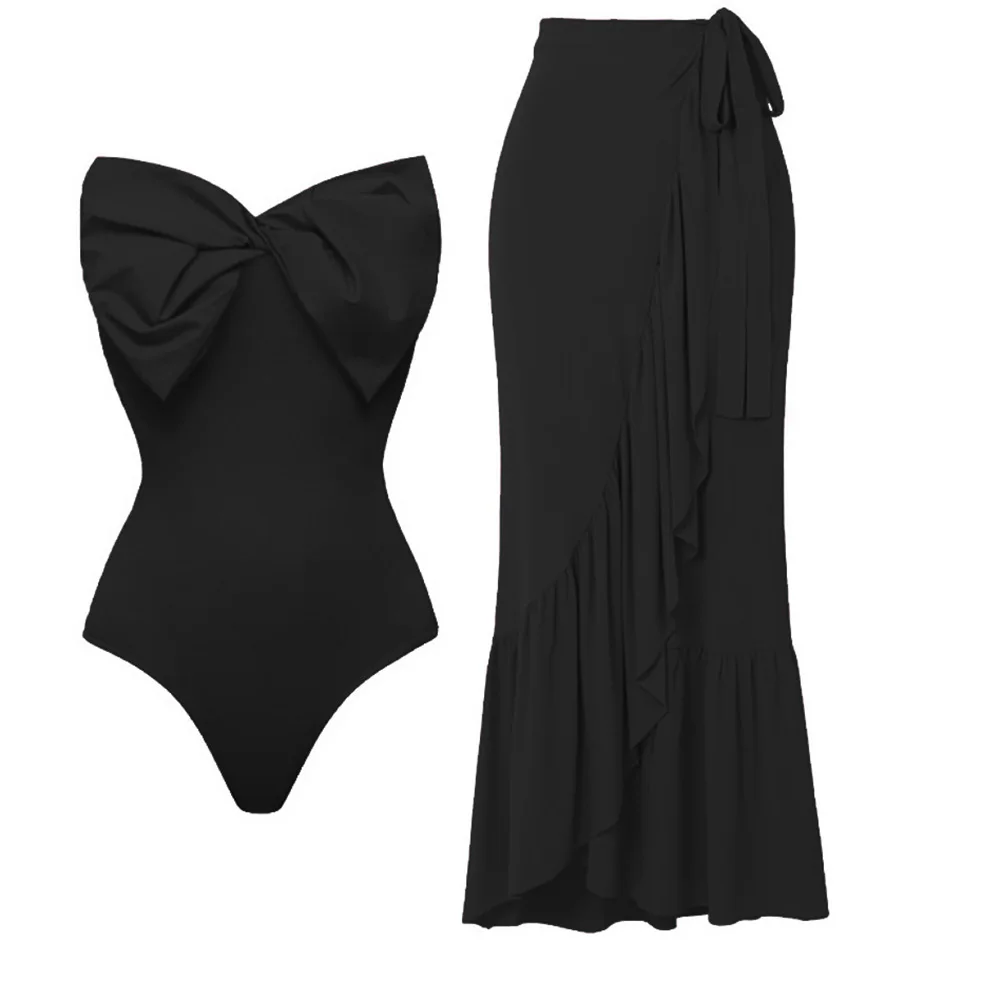 New Sexy One-piece Swimsuit High Waist Bikini Women's One-shoulder Swimwear Chiffon Slit Beach Skirt Suit Beachwear Cover Up
