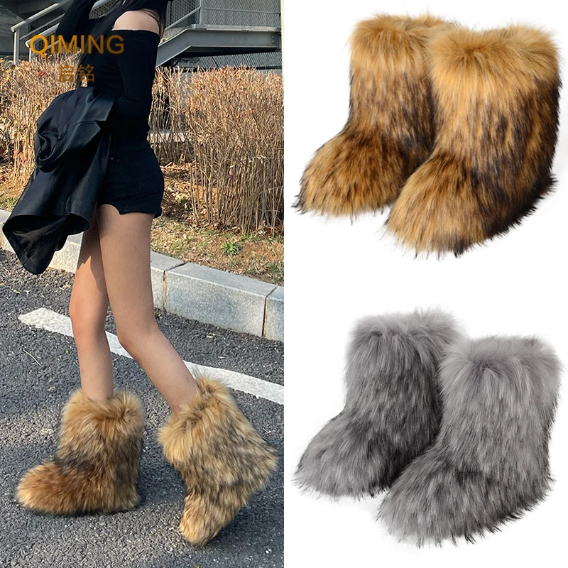 Platform Boots Women Boots Women Winter Faux Fox Fur Boots Fluffy Plush Warm Snow Boots Luxury Footwear Girls Furry Fur Bottes Fashion Winter Shoe