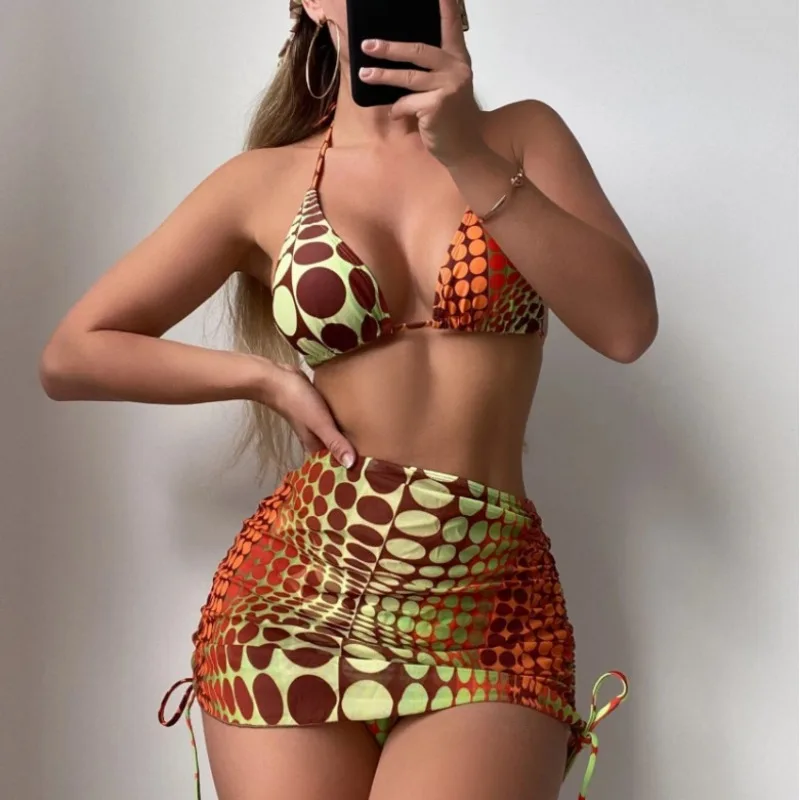 

2024 Sexy Thong Swimwear Drawstring Bathing Suit Women's Three Piece Swimsuit Polka Dot Bikini Set with Beach Skirt Headscarf