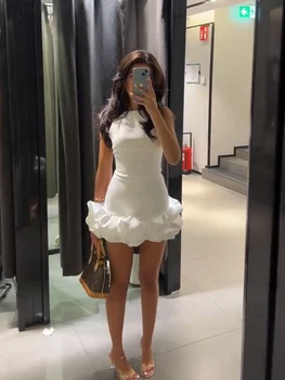 SIYANG Women Stylish Chic White Voluminous Playsuit Dress Female Back Zipper O-Neck Dress Ladies Elegant Vestidos