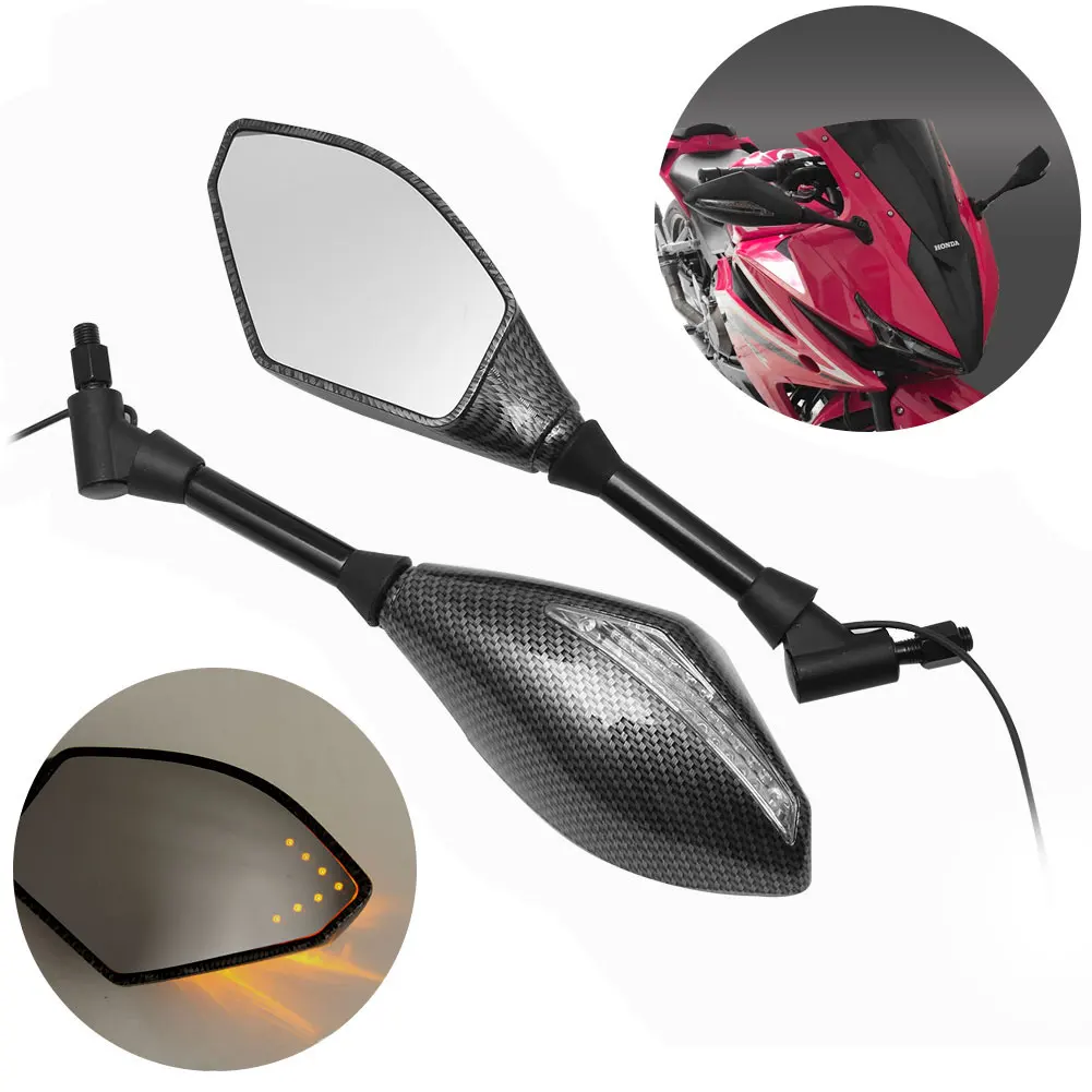 

1Pair Carbon Fibe Turn Lights Side Mirrors with LED Motorcycle Rearview Mirror for Honda CBR Suzuki Yamaha Ducati
