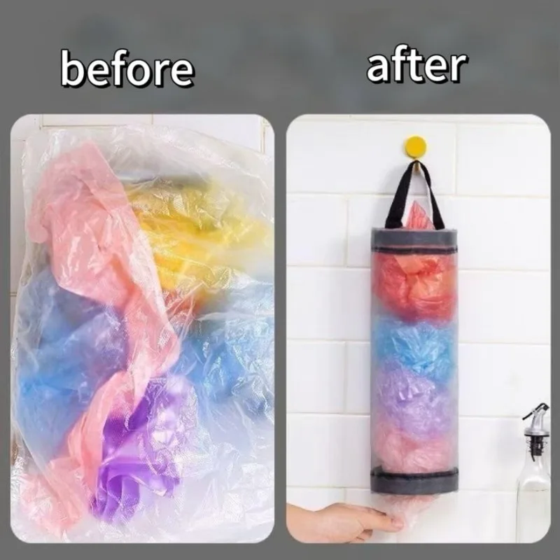 Organisateur de sacs en tissu plastique résistant avec crochet de suspension.