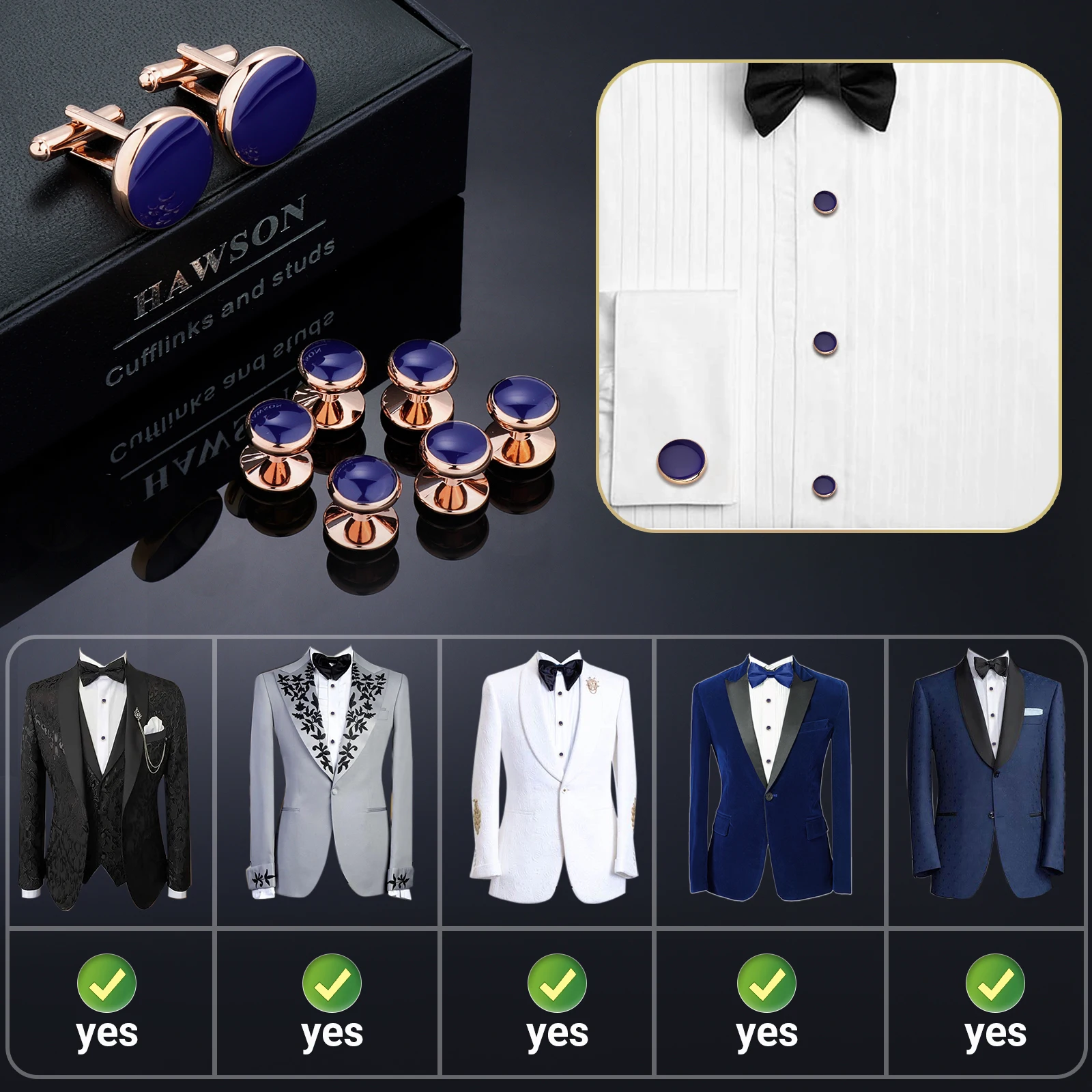 HAWSON Men’s Cufflinks and Tuxedo Studs Set with Gift Box; Accessories Suitable for Black Suit White Shirts Vest