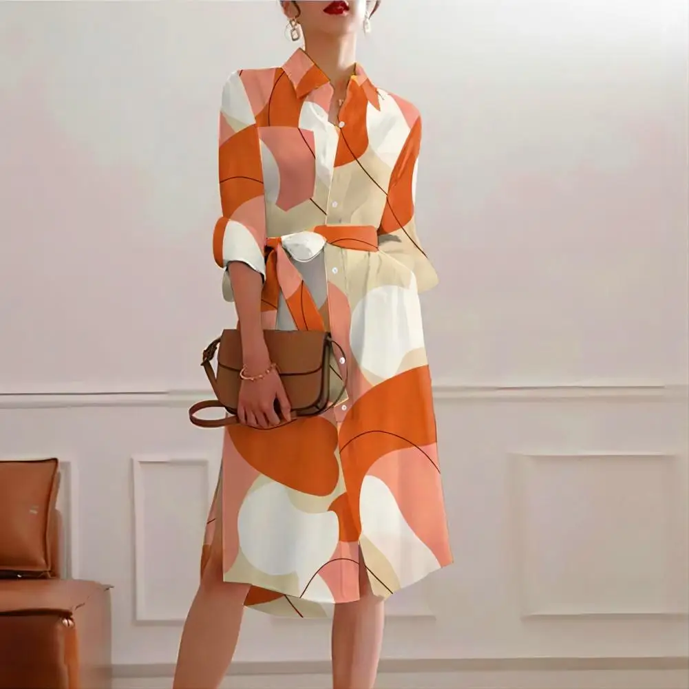 

Casual Printed Dress Colorful Print Long Sleeve Midi Dress with Side Split Tight Waist Lace-up Design for Women's Spring Fall