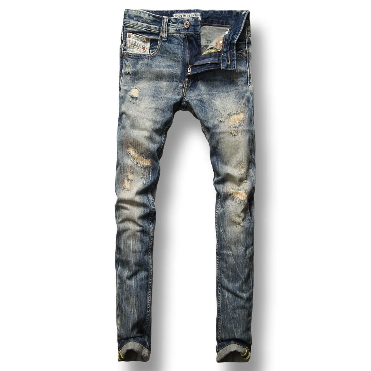Ripped Jeans Men Spring and Autumn Casual Solid Color Vintage Slim Comfortable Elastic