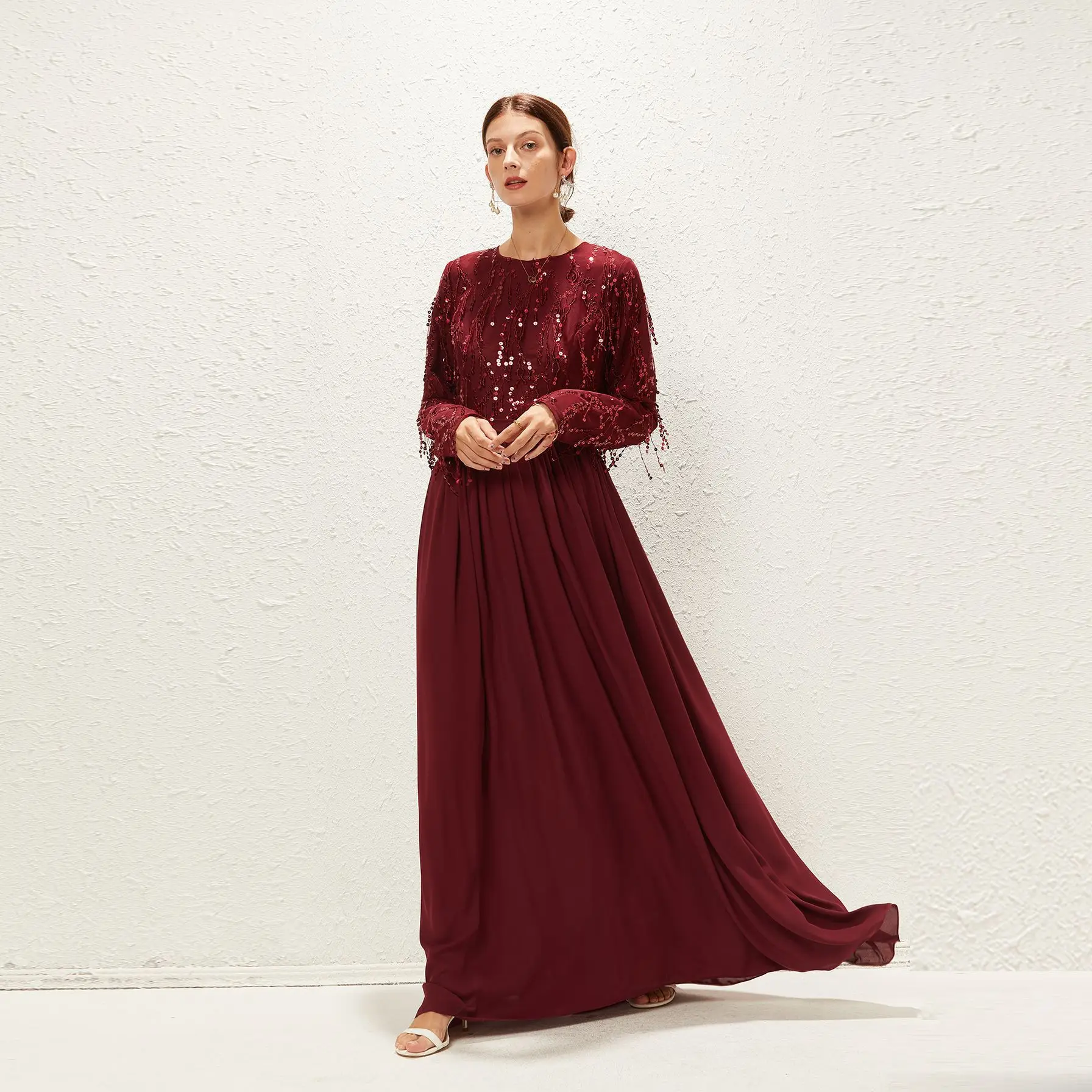 2022 New Muslim Fashion Robe Femme Musulmane Sequins Stitching Chiffon Solid Loose Elegant Dubai Dress Abayas For Women Turkish