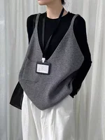 Femmes noir gris bref grande taille décontracté tricot gilet nouveau col en V sans manches pull mode marée printemps automne pull gilets 5