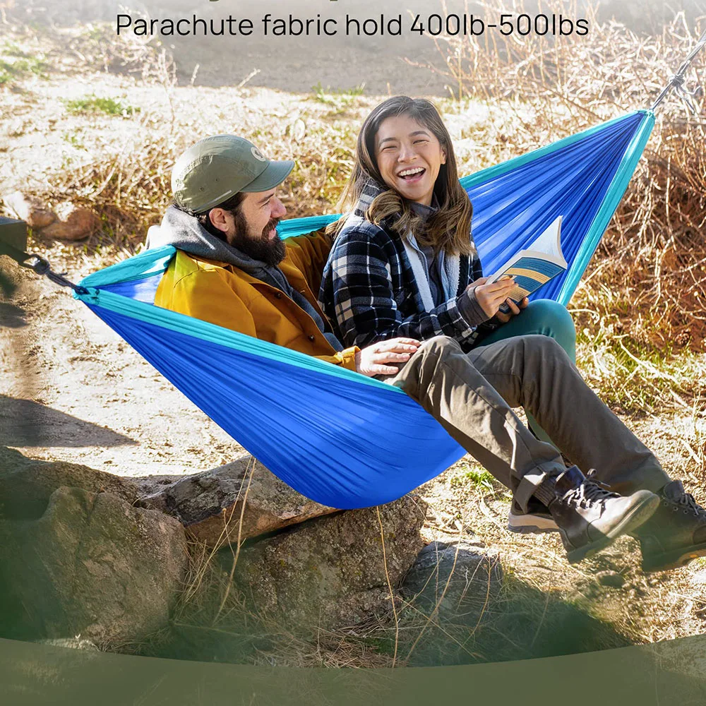 Leve Double Person Camping Hammock, ao ar livre, Praia, Mochila, Viagem, Caminhadas, Portátil, Paraquedas, Nylon, 260x140cm