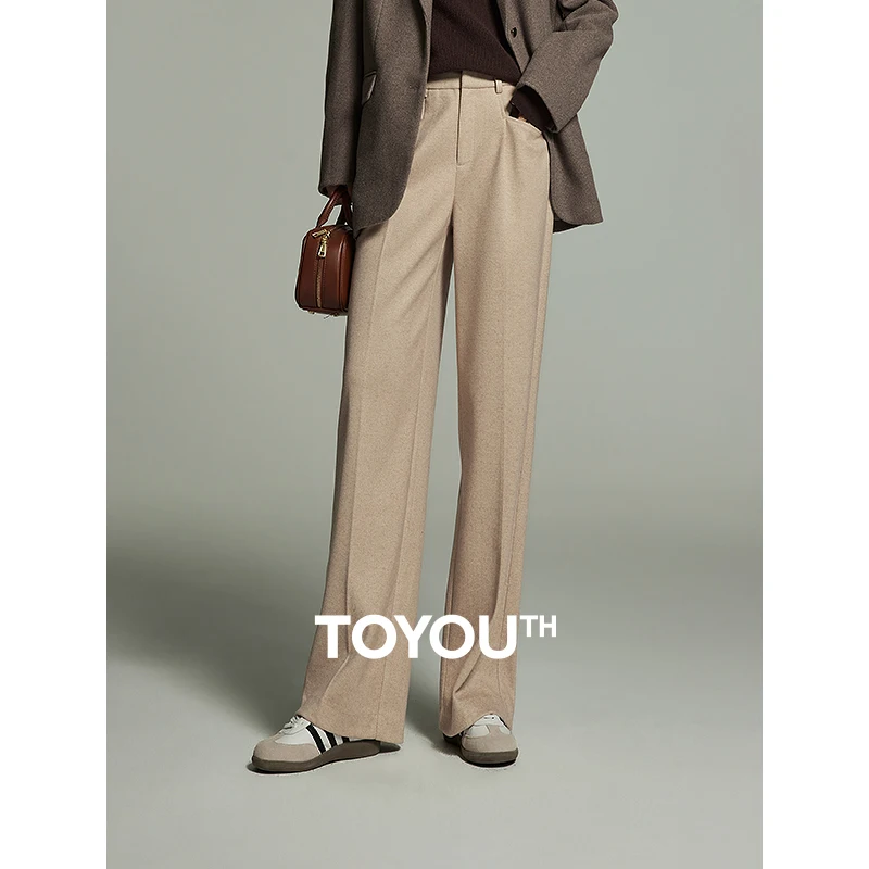 

Toyouth Women Imitation Woolen Suit Pants 2023 Winter High Waist Straight Loose Wide-leg Trousers Retro Commuting Apricot Pant