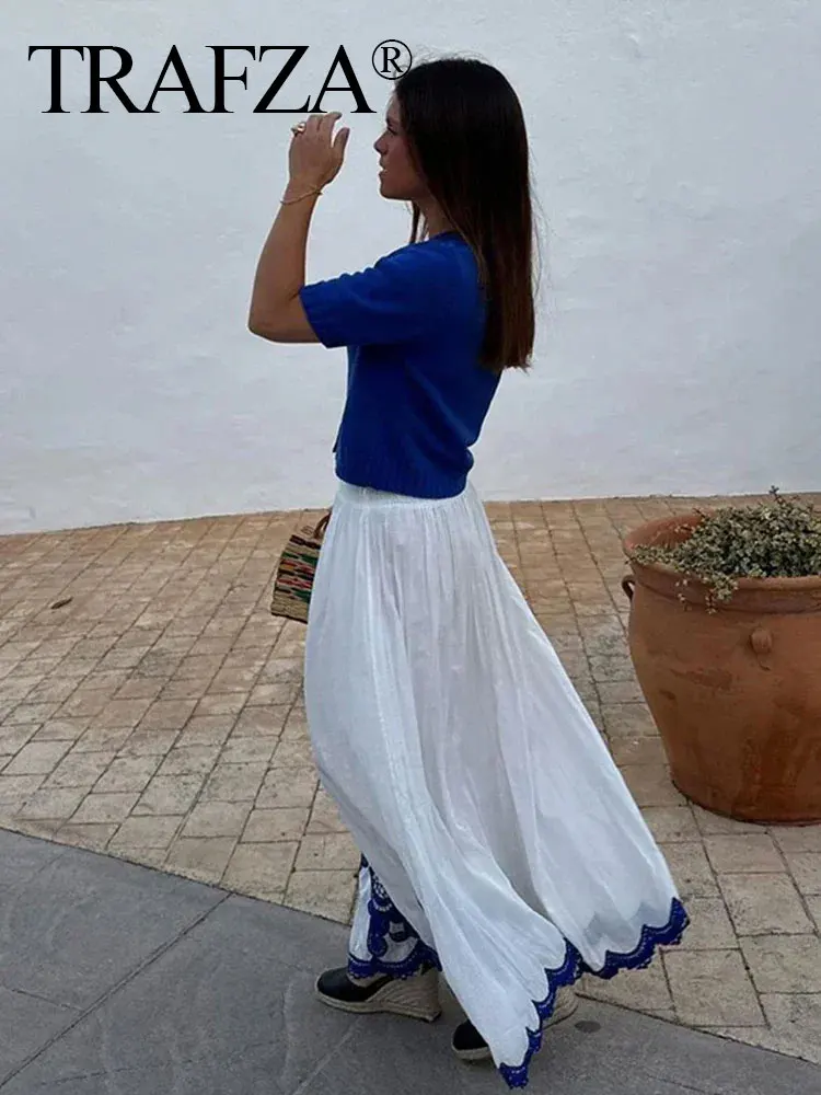 HH Blue Floral Embroidery Skirt For Women Fashion Casual Loose Elastic Waist Skirt Pleated Woman High Waist Midi Skirts