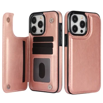 Flip Case PU Leather Wallet With Card Slot - Stand For iPhone 12 - 16 - Pro Max - Rose Gold