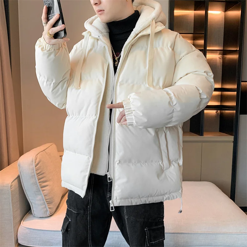 Casual Men's Cotton-Padded Jacket In Winter 2023 Warm Parkas Outwear Solid Lamb Plush Hooded Down Coat Autumn Thick Tops Clothes