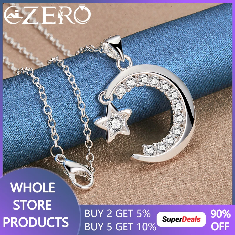 

ALIZERO 925 Sterling Silver 16-30 Inch Chain Moon Star Zircon Pendant Necklace For Women Fashion Wedding Party Jewelry Best Gift