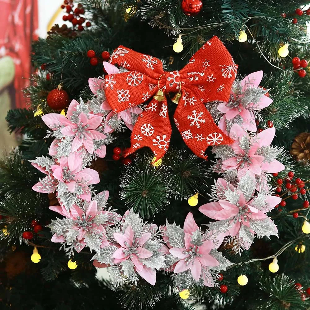 Festive Glitter Artificial Flowers - Christmas Tree Ornaments and Home Decor - Pink, Red, Gold 14.5cm