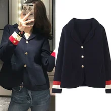 

European goods high-end British style fashionable cuffs hit color stripes TB wind sweater small jacket female gold button suit