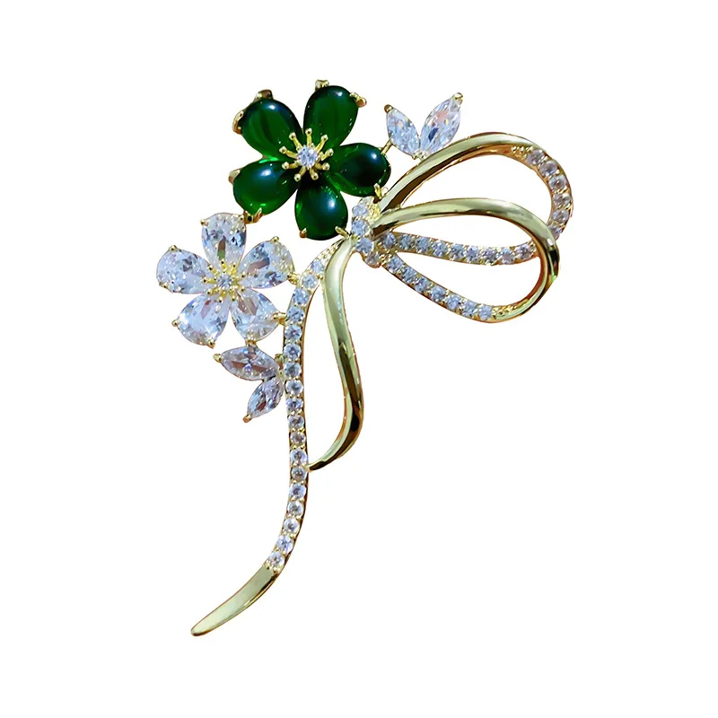 Green Floral Bowknot Brooches Jewellry For Ladies Shining Cubic Zirconia Flower Corsage Luxury Brooch Bouttoniere