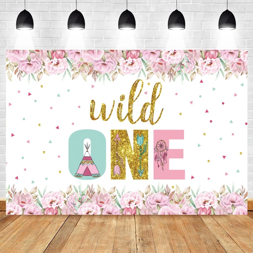 

Wild One Photography Backdrop Photocall Baby Shower Birthday Party Decor Pink Flowers Photographic Background Photo Studio Props