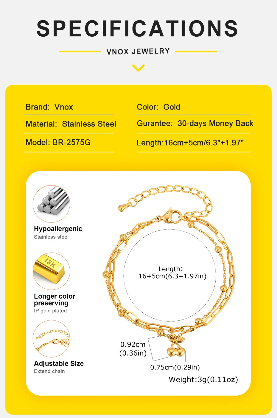 Vnox Goldfarbener Charm, 2 Stück, geschichtete Kirscharmbänder für Frauen, vergoldete Edelstahlkette, Strandhandschmuck, Geschenk – Detail 4