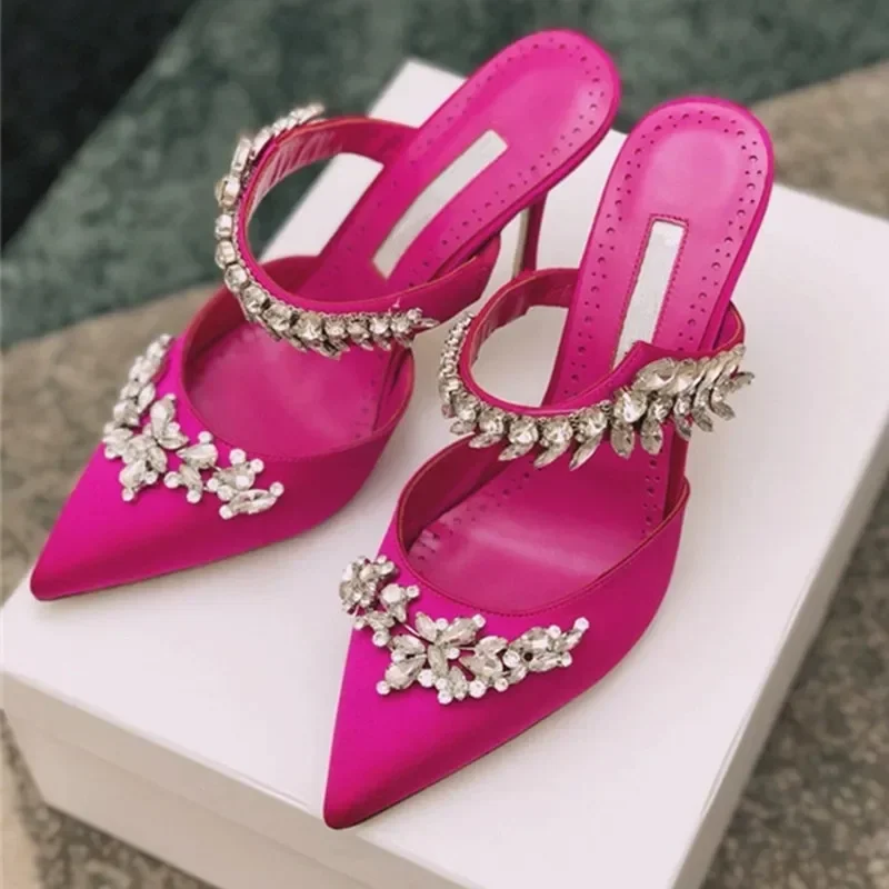 

2024 spring and summer new European and American women's high-heeled satin rhinestone pointed fashion sandals