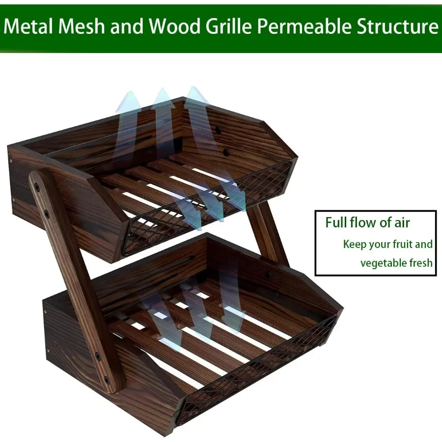 Fruit Basket for Kitchen 2 Tier Fruit Bowl Kitchen Counter Organizer Wooden Vegetable Holder for Countertop Bread Storage Baske