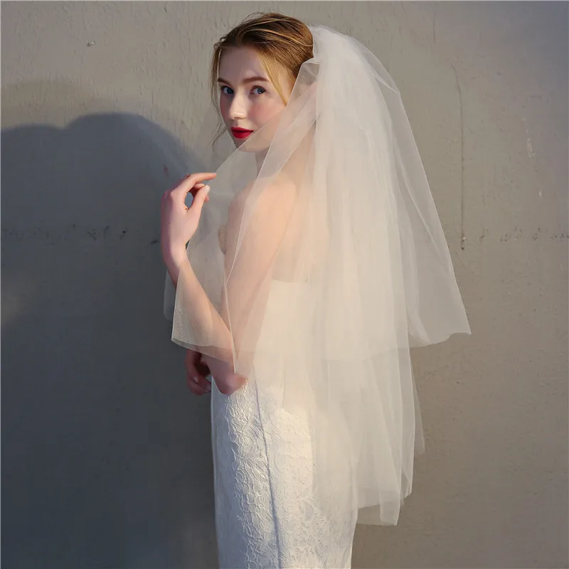 Cut Edge Two Layers Wedding Bridal Veil with Comb Cheap Voile Mariage Welon Accessories