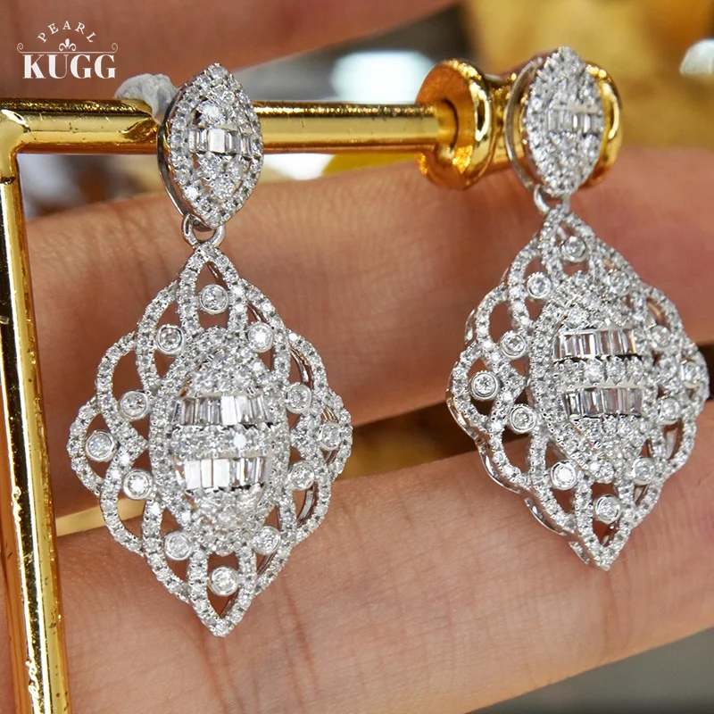 KUGG 18K White Gold Earrings Real Natural Diamonds 1.50carat Drop Earrings Elegant Diamond Shape Party Jewelry for Women