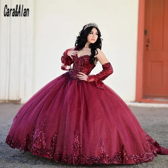 Shop sheer neckline red & black applique ball gown quinceanera dress with  long sleeves from