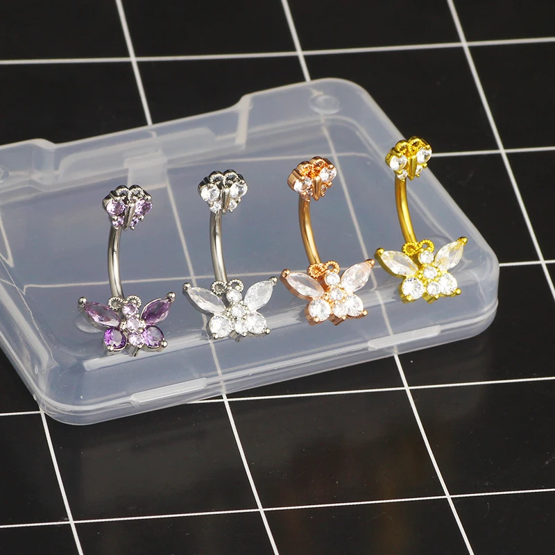 Surgical Steel Crystal Zircon Flower butterfly Purpel Clear Pendant Belly Button Piercing Ring Belly Button Ring Body Jewelry wh