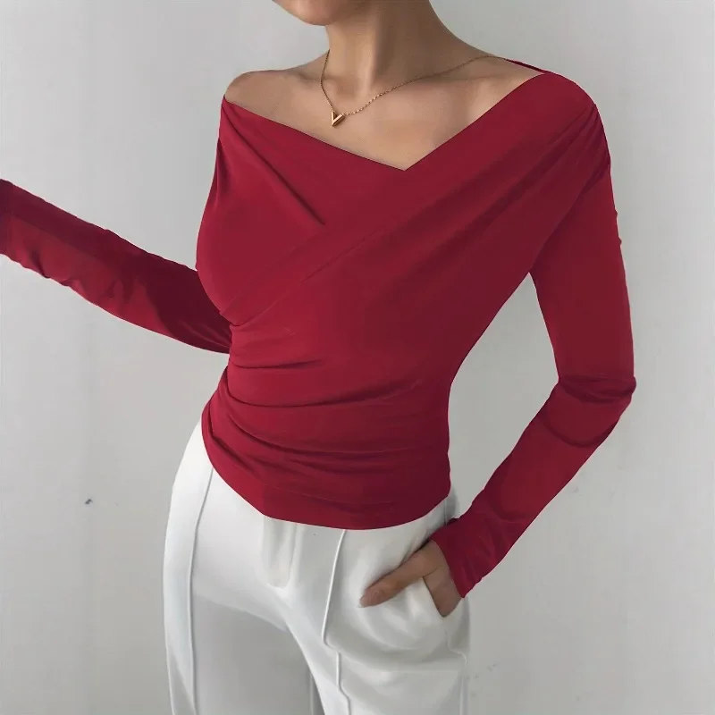 New Fashion Women's Irregular Cross-neck Long Sleeve T-shirt Spring and Autumn Off-shoulder Slimming Commuter Solid Color Top