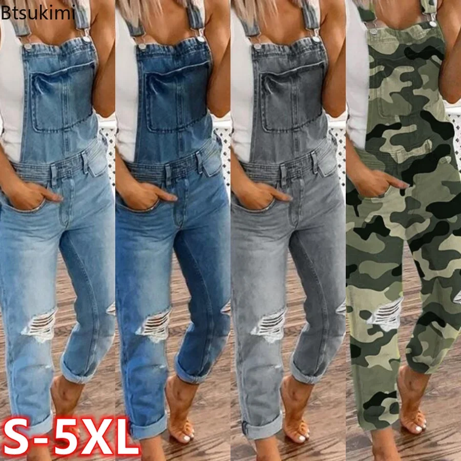 2024 Plus Size 4XL 5XL Cargo Pants Women Denim Bib Overalls Jeans Jumpsuits Rompers Ladies Ripped Hole Suspenders Long Playsuits