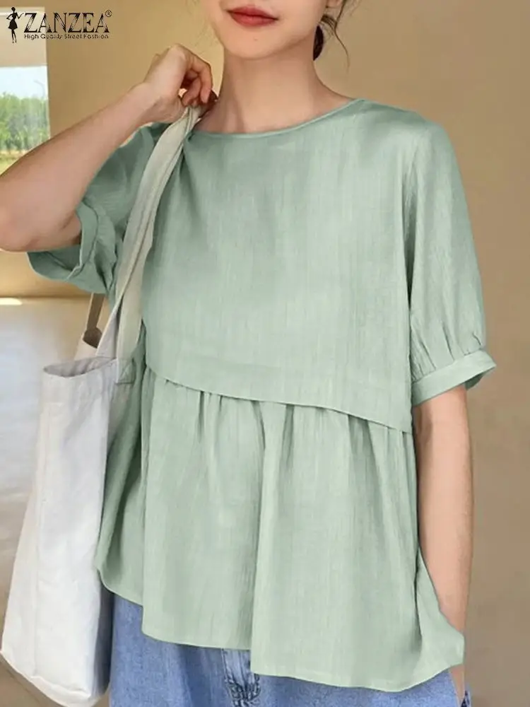 

Женская блузка ZANZEA с коротким рукавом, лето 2024, модные женские топы, праздничные Блузы с круглым вырезом, Повседневная Свободная трапециевидная рубашка