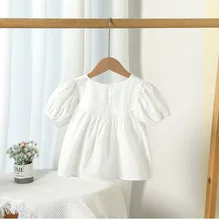  Girls Short-sleeved Shirt 2022 New Children's Round Neck Thin Top Round Neck Cute Baby Girl Shirt Cotton  Casual  Blouses 