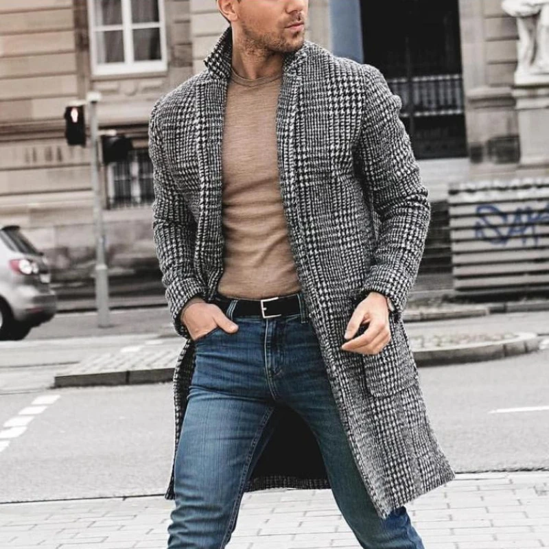 

Autumn Winter Fashion Men's Woolen Coats Solid Color Single Breasted Lapel Long Coat Jacket Casual Overcoat Casual Trench