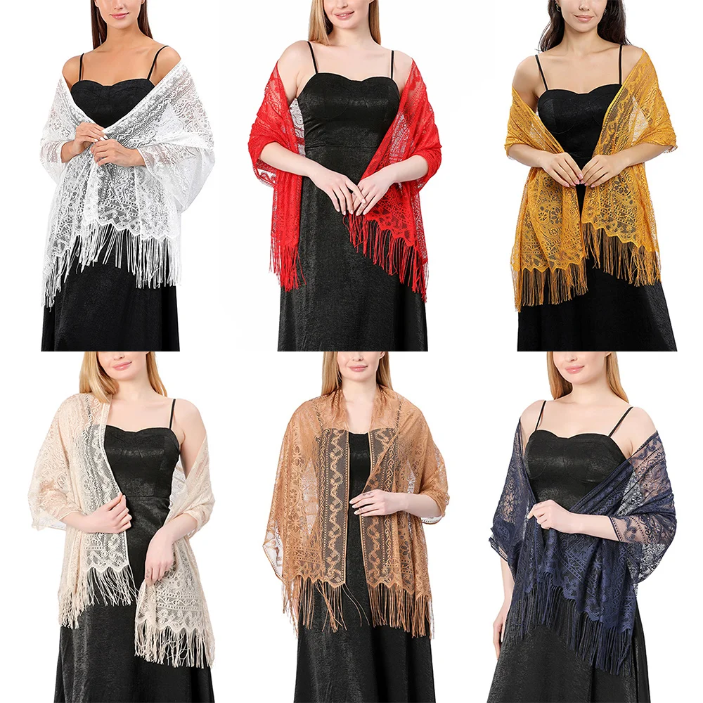 

Embroidery Ethnic Style Scarf Lace Tassel Hollow Out Long Shawl Elegant Solid Color Party Shawls Fairy Sun Protection Scarf