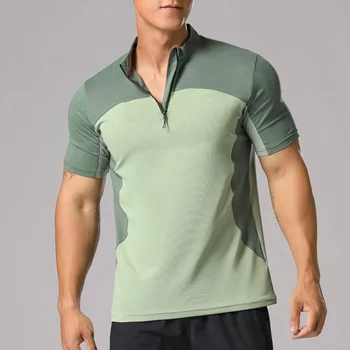 Men Tennis Golf Ice Silk T-shirt Fitness Athletic Tights Gym Muscle Fit Shirt Half Zip Colour Block Short Sleeve Tee Sport Wear 1