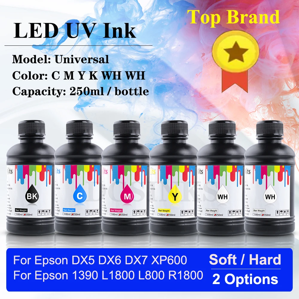 Led uv Tinta Garrafa para Epson Impressora 1390 L800 L1800 L805 R1800 R1900 Dx4 Dx5 Dx6 Dx7 Tx800 Xp600 Opções ml x 6
