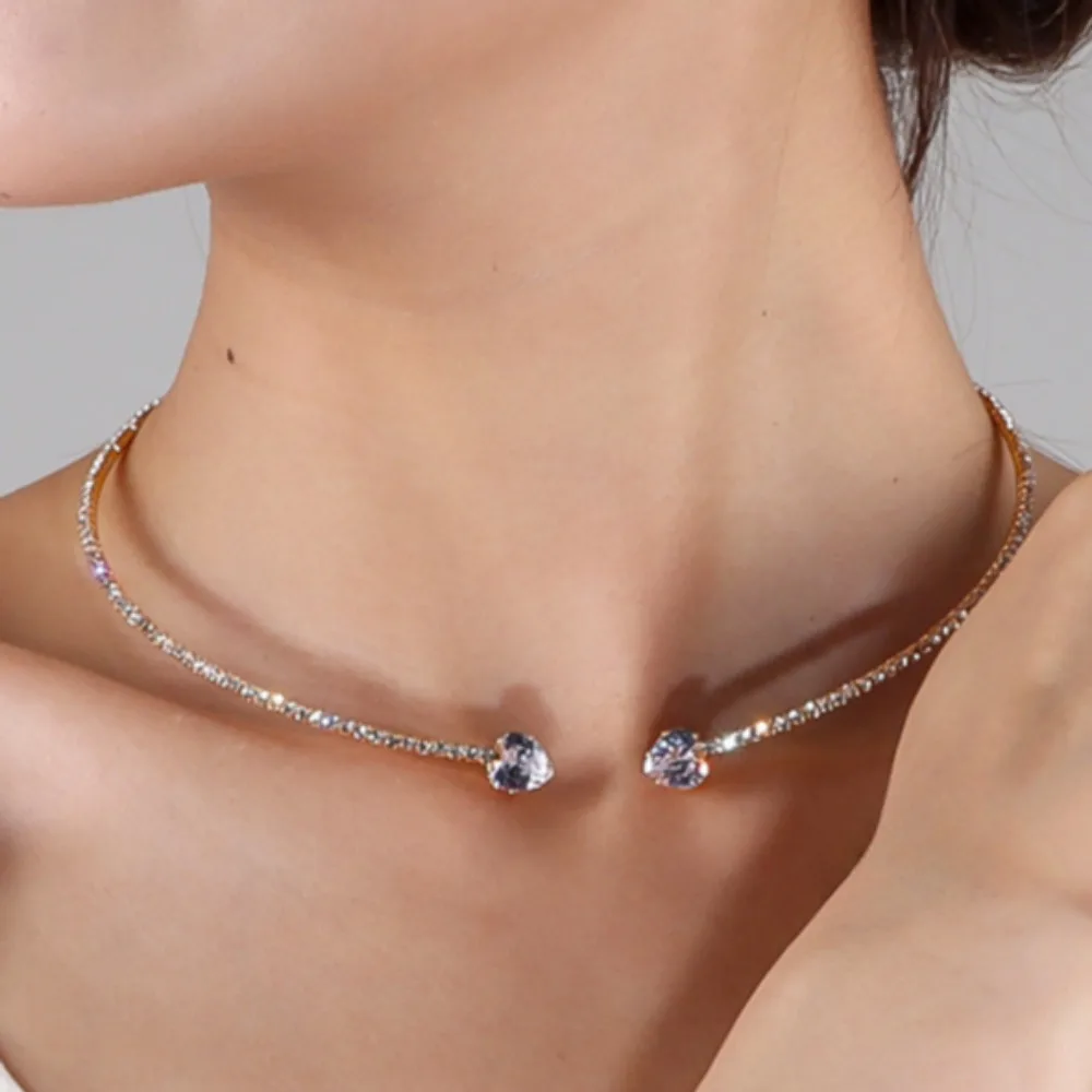 925 Sterling Silver Rhinestone Heart Collar Choker Necklace side view