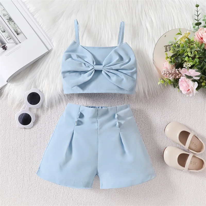 Little Kids Baby Girl Summer Clothes Solid Color Sleeveless Front Bow Cami Tops with Shorts 2 Pcs Outfit 18M-6T