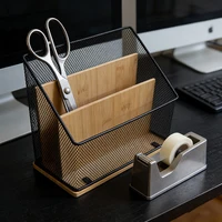 Bamboo Base Iron Wire Mesh A4 File Rack - Multi-Layer Desktop Document Organizer with Multiple Compartments 2