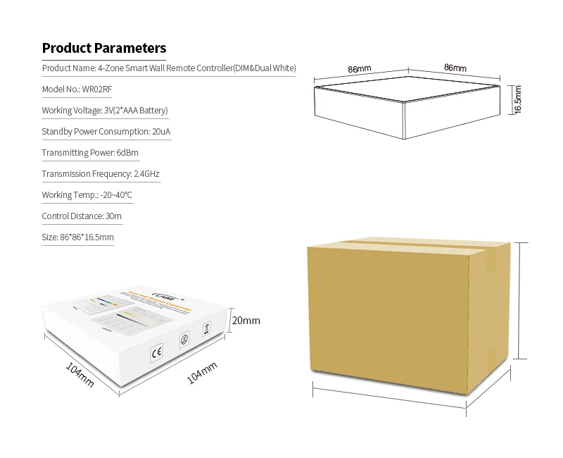 Description Picture 3 of itemLED Panel Sensitive Touching Remote Controller 2.4GHz for FCOB LED Strip Light DIM CCT RGB RGBW RGBCCT 2 AAA Battery 4 Zone 30 m