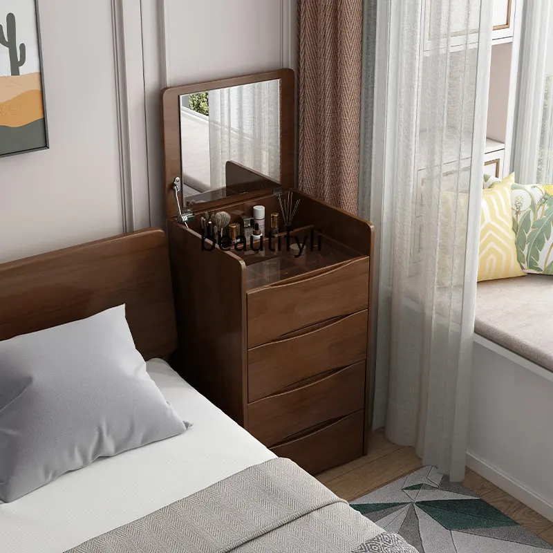

Solid Wood Dresser Modern Minimalist Mini Chest of Drawers with Mirror and Stool Bedside Table Small Apartment Makeup Table