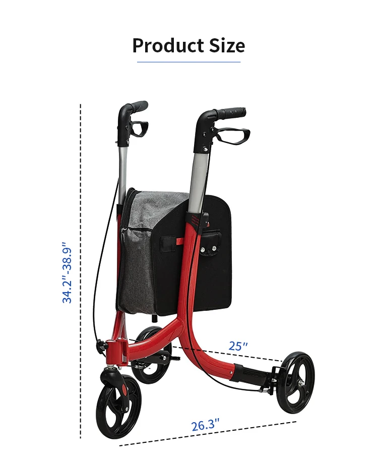 Short delivery time folding walker portable patient adjustable shopping medical outdoor steel rollator walker with bag