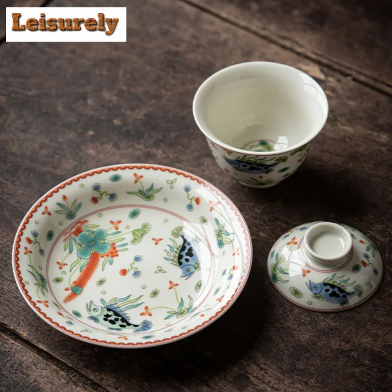 Antique Blue And White Three Talent Gaiwan Vintage Porcelain Bowls Tea Tureen Tea Making Cover Bowl Gong Fu Teaware Decoration