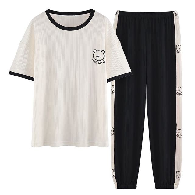 Women Pajama 2 Pcs Sets Cotton T-shirt Elastic Waist Ankle Length Pants Cartoon Plaid Sweet Home Clothes Can wear Outside