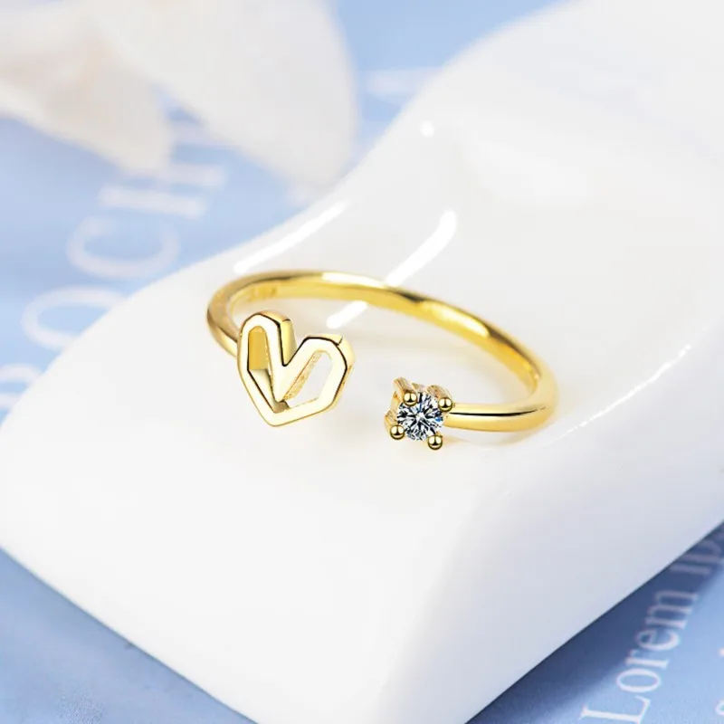 Korean Heart-shaped Hollow Zircon Opening Ring for Women Simple Sweet Finger Couple Rings Jewelry Gifts