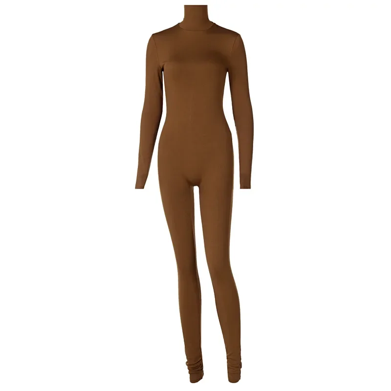 Women's Turtleneck Bodysuit Long-Sleeved Overall Tight-fitting Sports Yoga Gym Fitness Casual Fashion Outware White Jumpsuits