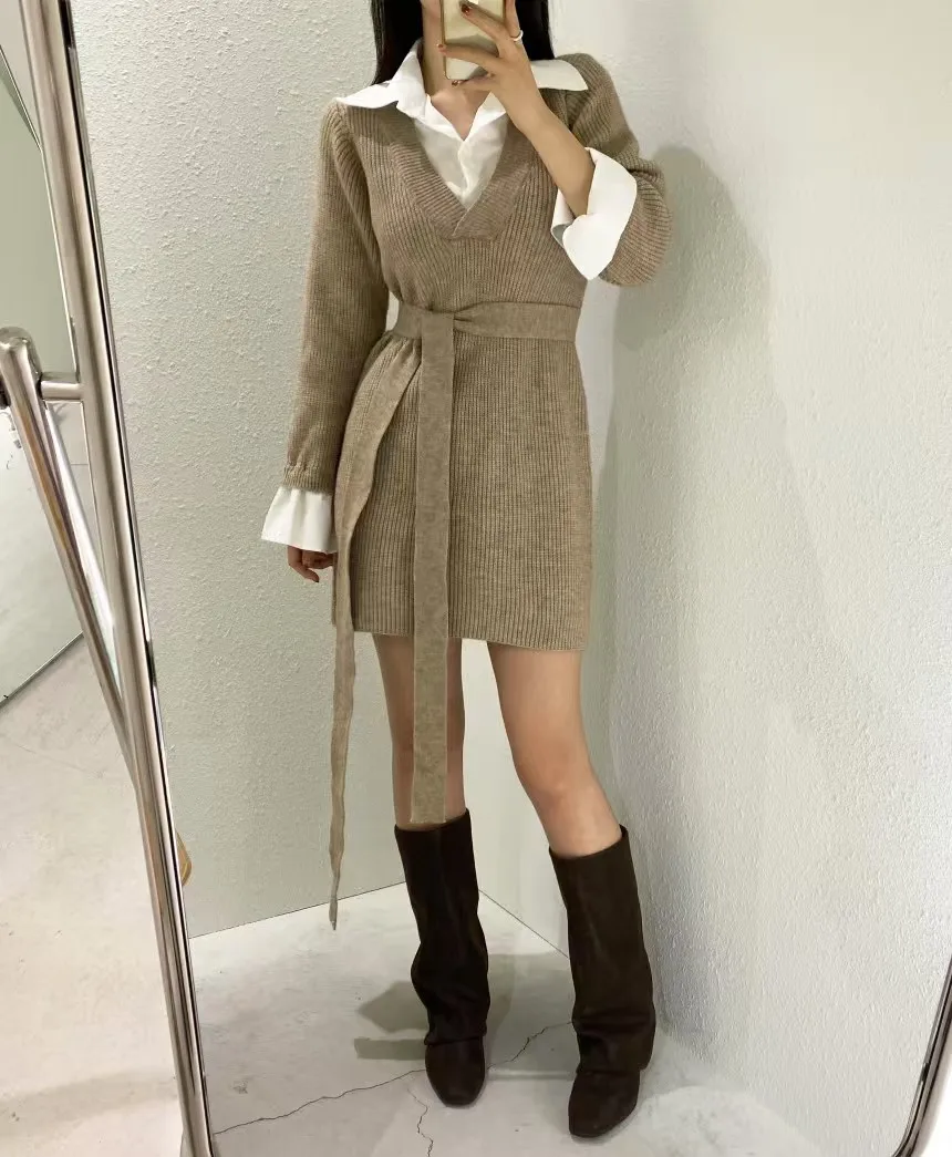 Korean Chic Mini Dresses Women Turn-down Collar Long Sleeve Shirt Patchwork Autumn Winter Knitted Dress Casual Fashion Vestidos