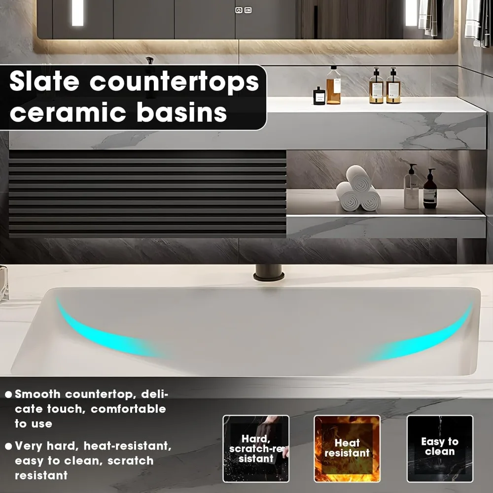 Bathroom Vanity - Bathroom Vanity with Sink, Floating Solid Wood Bathroom Vanity with Half Side Cabinet with Striped Door Panel 4